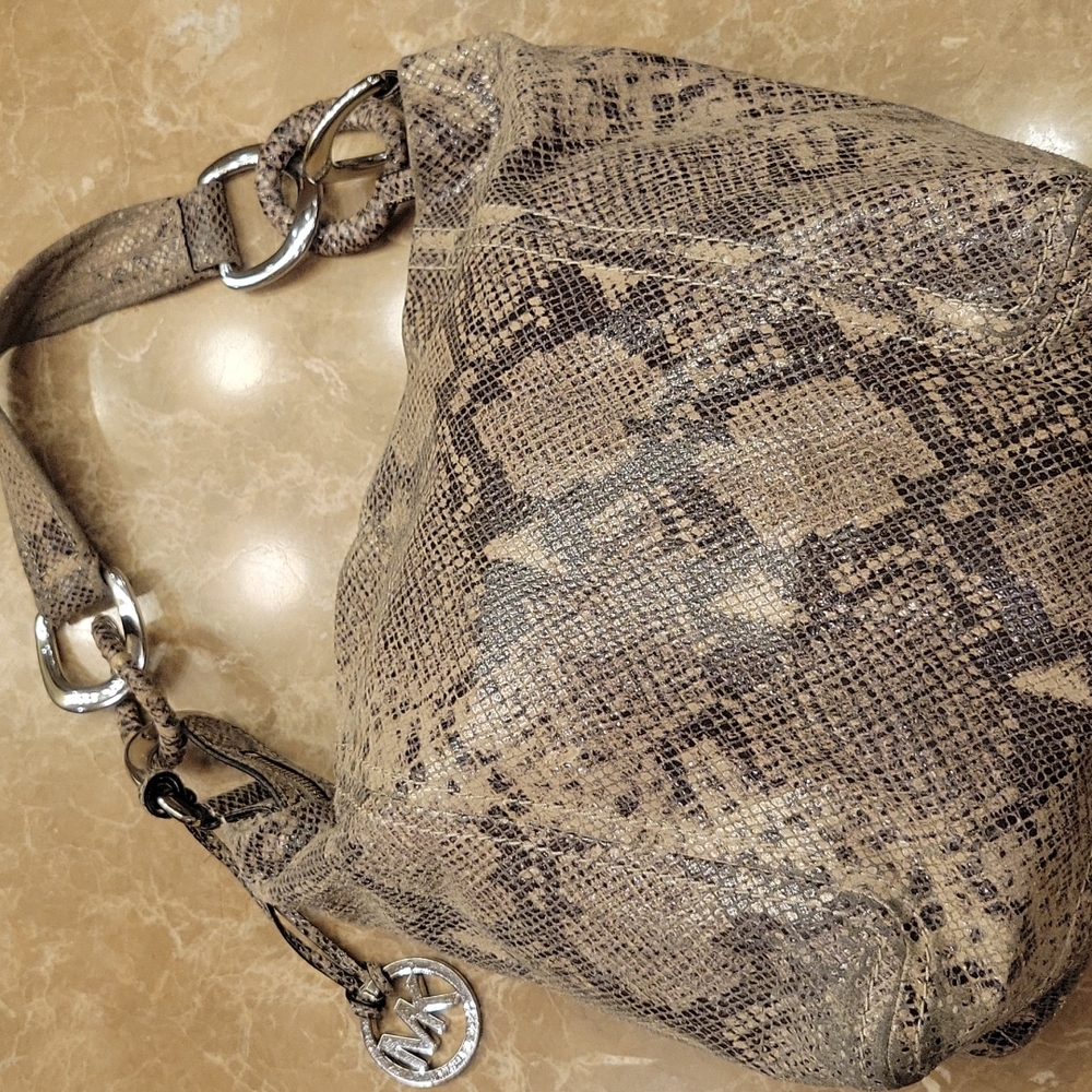 Michael Kors beige & brown python hobo bag with silver hardware
